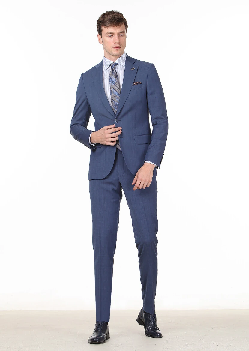 Dark Blue Plain Thin&Taller Slim Fit Wool Blended Suit - 1