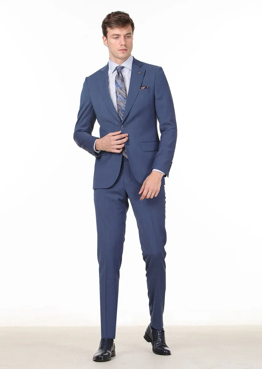 Dark Blue Plain Thin&Taller Slim Fit Wool Blended Suit - 1