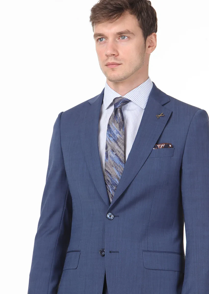 Dark Blue Plain Thin&Taller Slim Fit Wool Blended Suit - 2