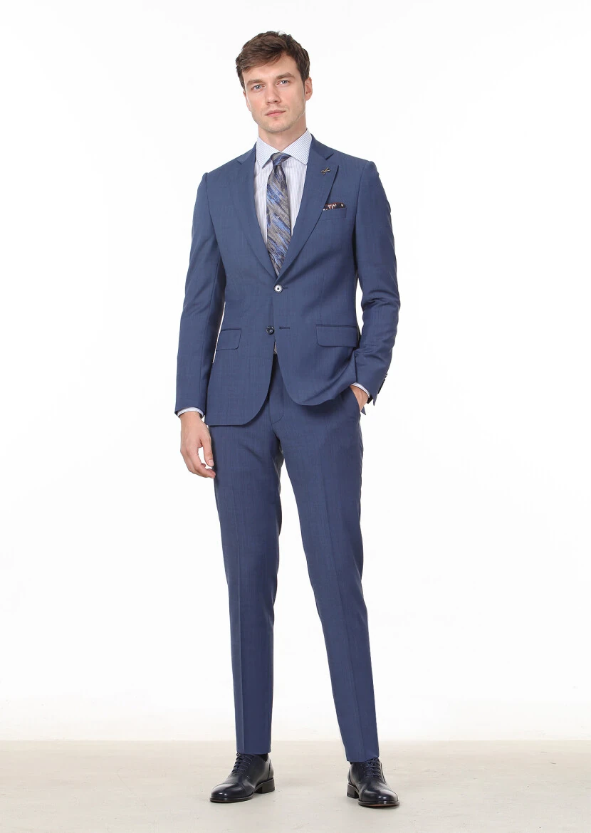 Dark Blue Plain Thin&Taller Slim Fit Wool Blended Suit - 3