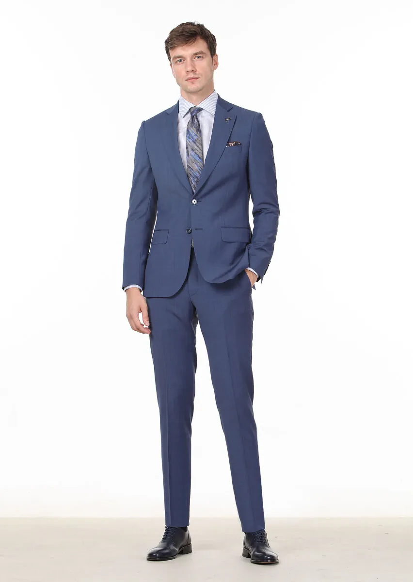 Dark Blue Plain Thin&Taller Slim Fit Wool Blended Suit - 3