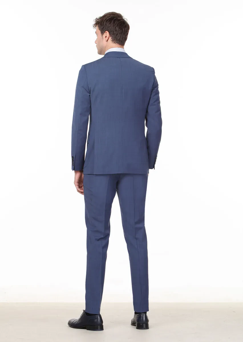 Dark Blue Plain Thin&Taller Slim Fit Wool Blended Suit - 4