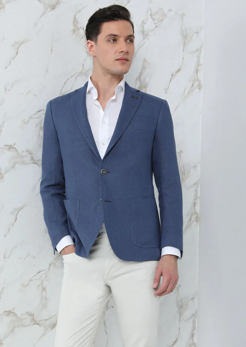 Dark Blue Plain Zeroweight Slim Fit 100% Linen Jacket - 2