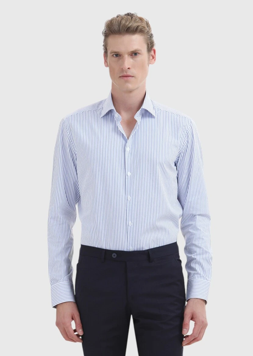 Dark Blue Striped Regular Fit Weaving Classical 100% Cotton Shirt - 2