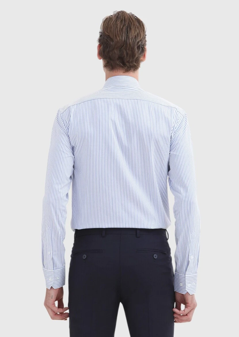 Dark Blue Striped Regular Fit Weaving Classical 100% Cotton Shirt - 5