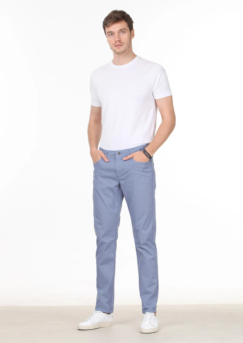 Dark Blue Weaving Slim Fit Casual Cotton Blended Trousers - 1