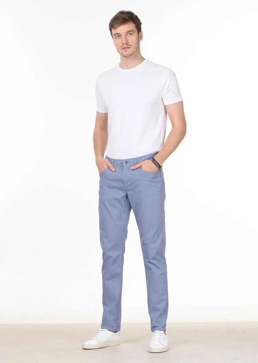 Dark Blue Weaving Slim Fit Casual Cotton Blended Trousers - 1