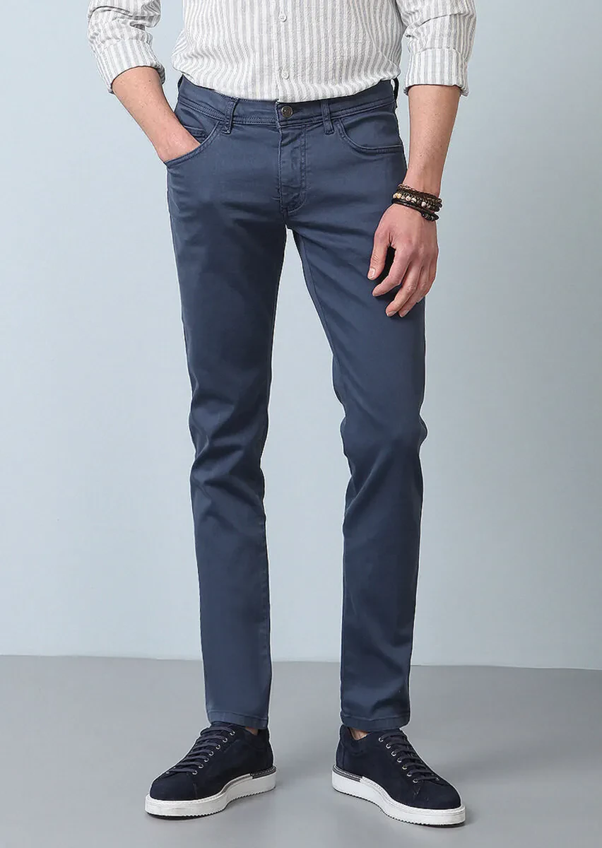Dark Blue Weaving Slim Fit Casual Cotton Blended Trousers - 1