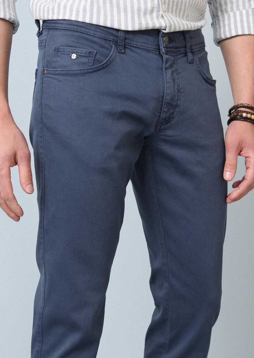 Dark Blue Weaving Slim Fit Casual Cotton Blended Trousers - 3