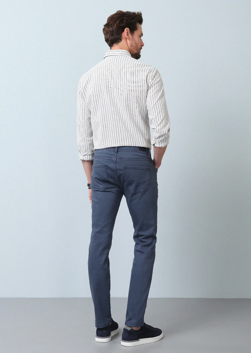 Dark Blue Weaving Slim Fit Casual Cotton Blended Trousers - 4