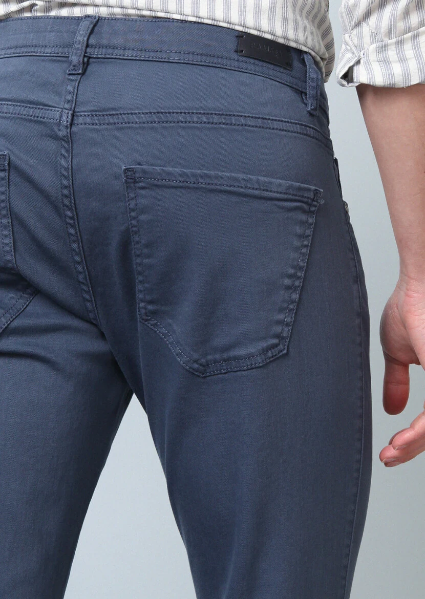 Dark Blue Weaving Slim Fit Casual Cotton Blended Trousers - 5