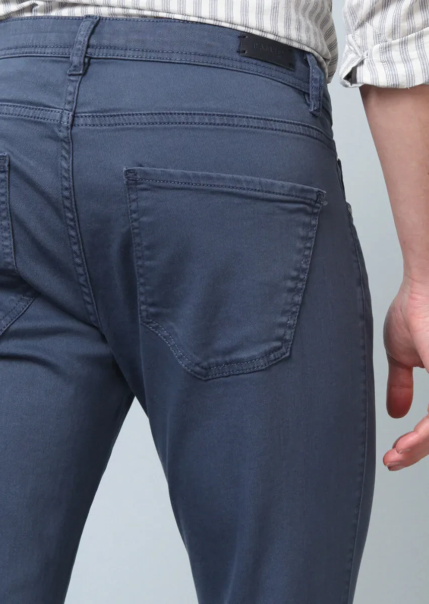 Dark Blue Weaving Slim Fit Casual Cotton Blended Trousers - 5
