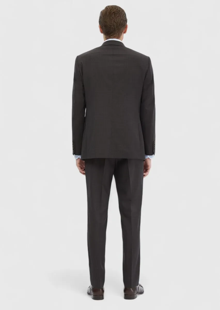 Dark Brown Patterned Regular Fit 100% Wool Suit - 7
