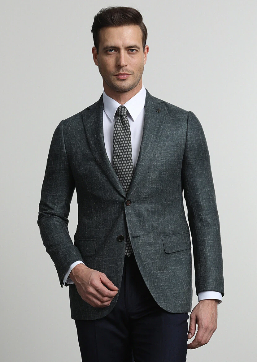 Dark Green Patterned Regular Fit Silk Blended Jacket - 1