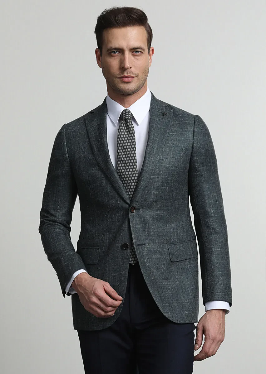 Dark Green Patterned Regular Fit Silk Blended Jacket - 1