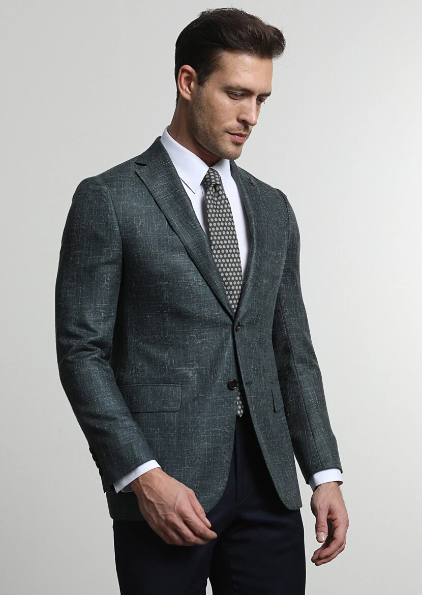 Dark Green Patterned Regular Fit Silk Blended Jacket - 2