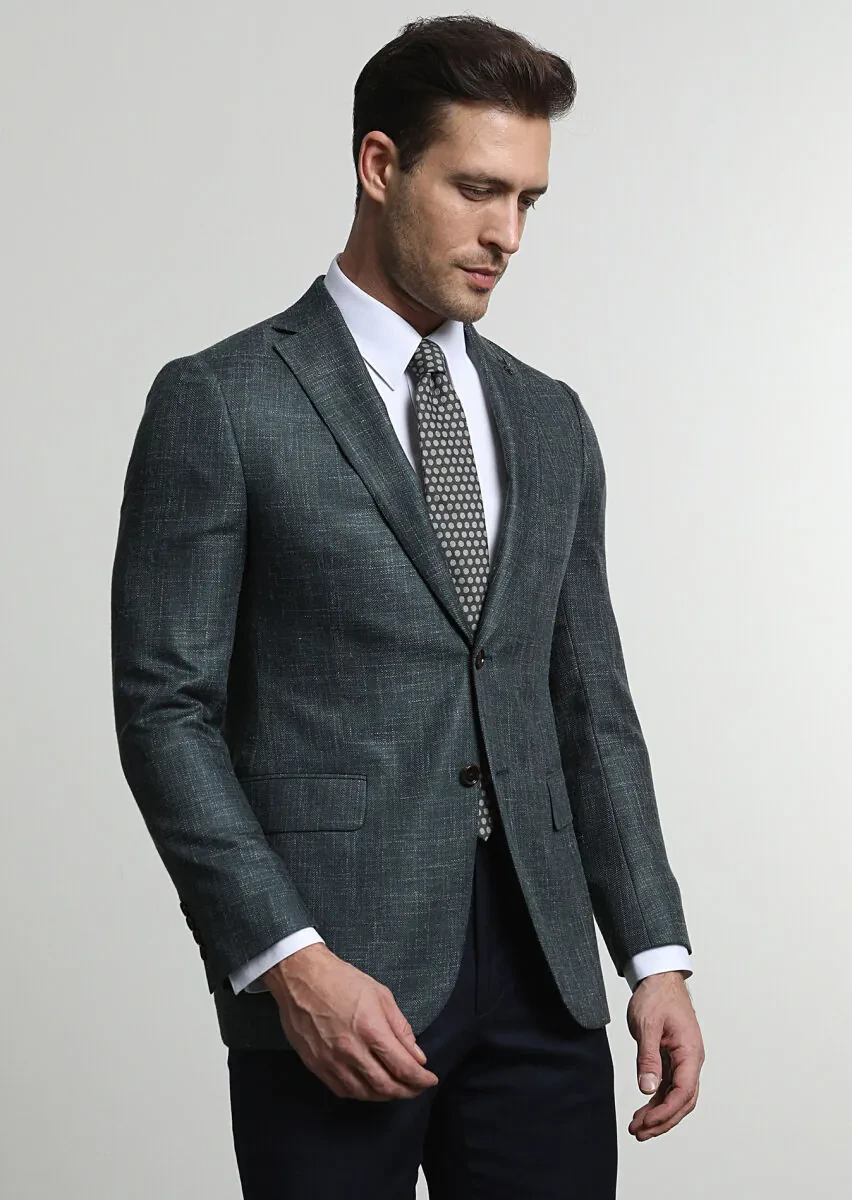 Dark Green Patterned Regular Fit Silk Blended Jacket - 2