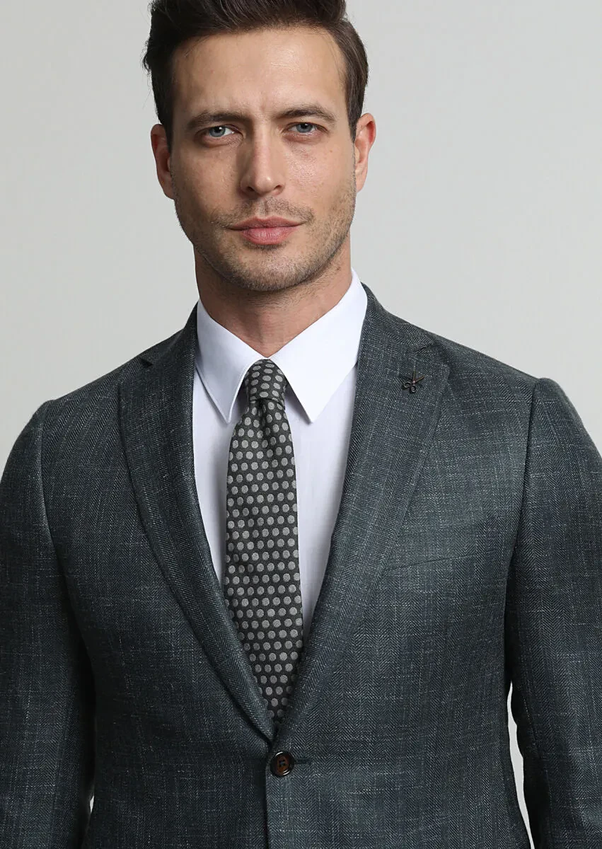 Dark Green Patterned Regular Fit Silk Blended Jacket - 3