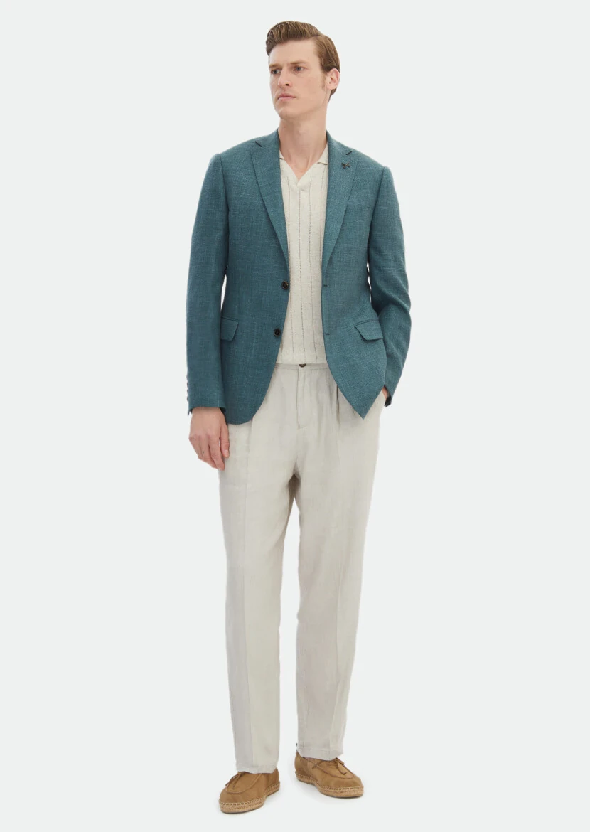 Dark Green Plain Regular Fit Silk Blended Jacket - RAMSEY