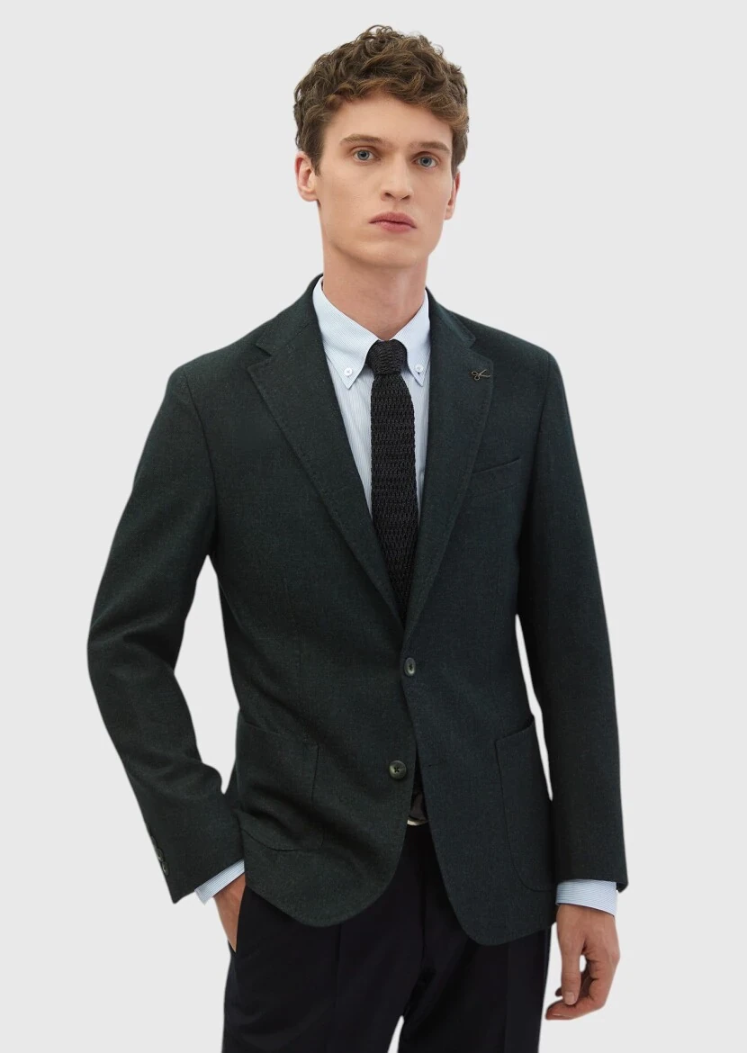 Dark Green Plain Shirt Shoulder Slim Fit Wool Blended Jacket - RAMSEY