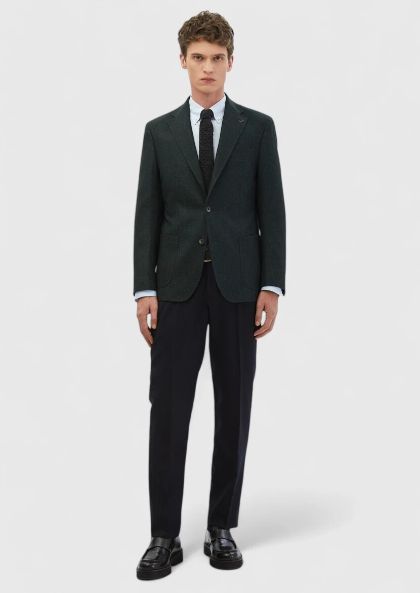 Dark Green Plain Shirt Shoulder Slim Fit Wool Blended Jacket - RAMSEY