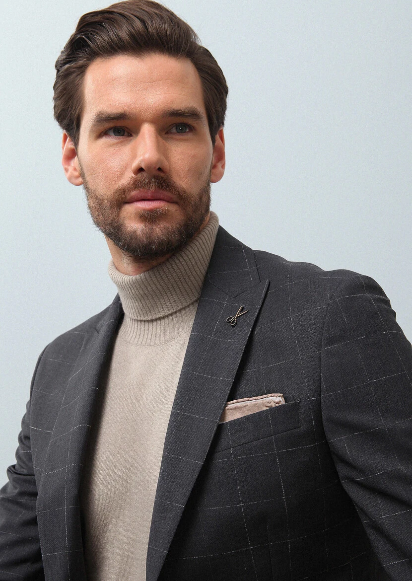 Dark Grey Checkered Modern Fit 100% Wool Suit - 1