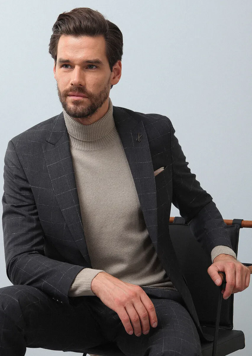 Dark Grey Checkered Modern Fit 100% Wool Suit - 2