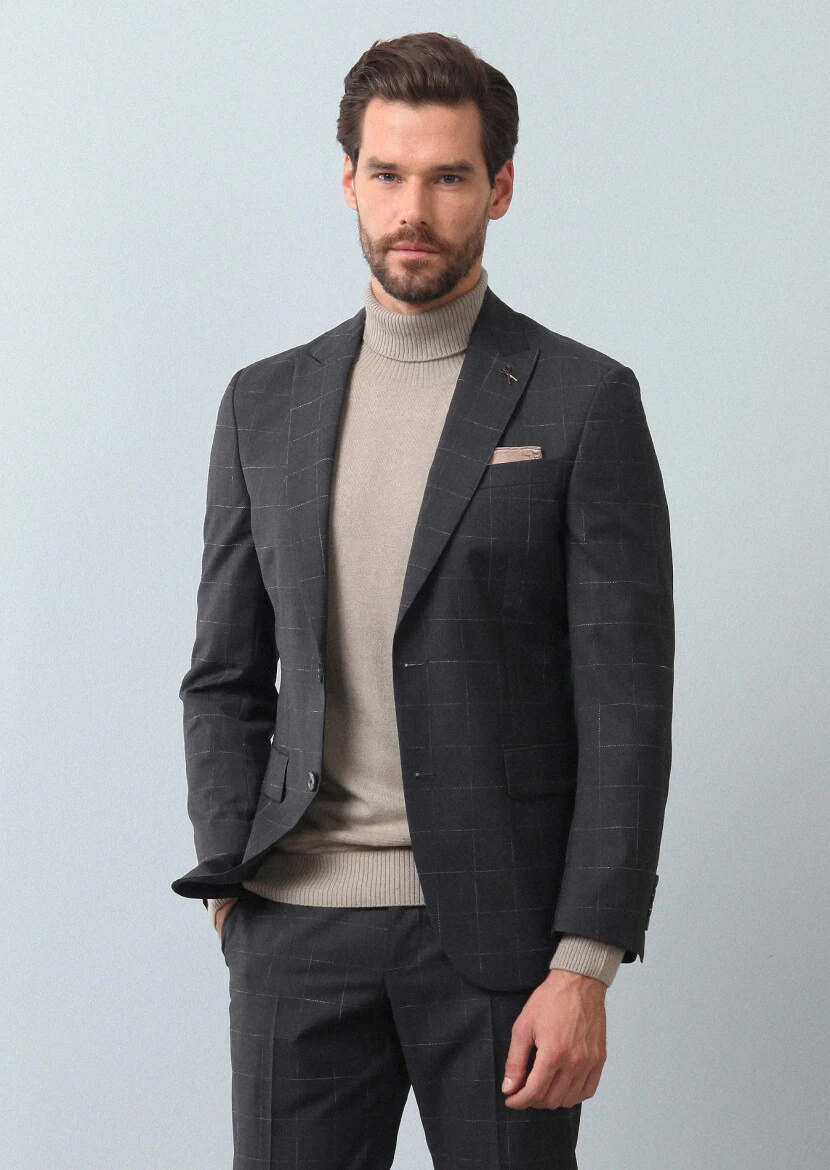 Dark Grey Checkered Modern Fit 100% Wool Suit - 3