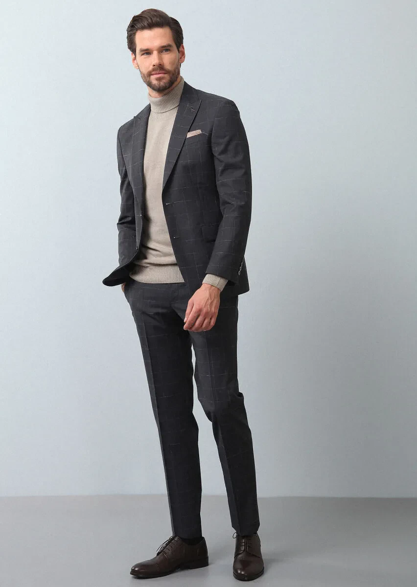 Dark Grey Checkered Modern Fit 100% Wool Suit - 4