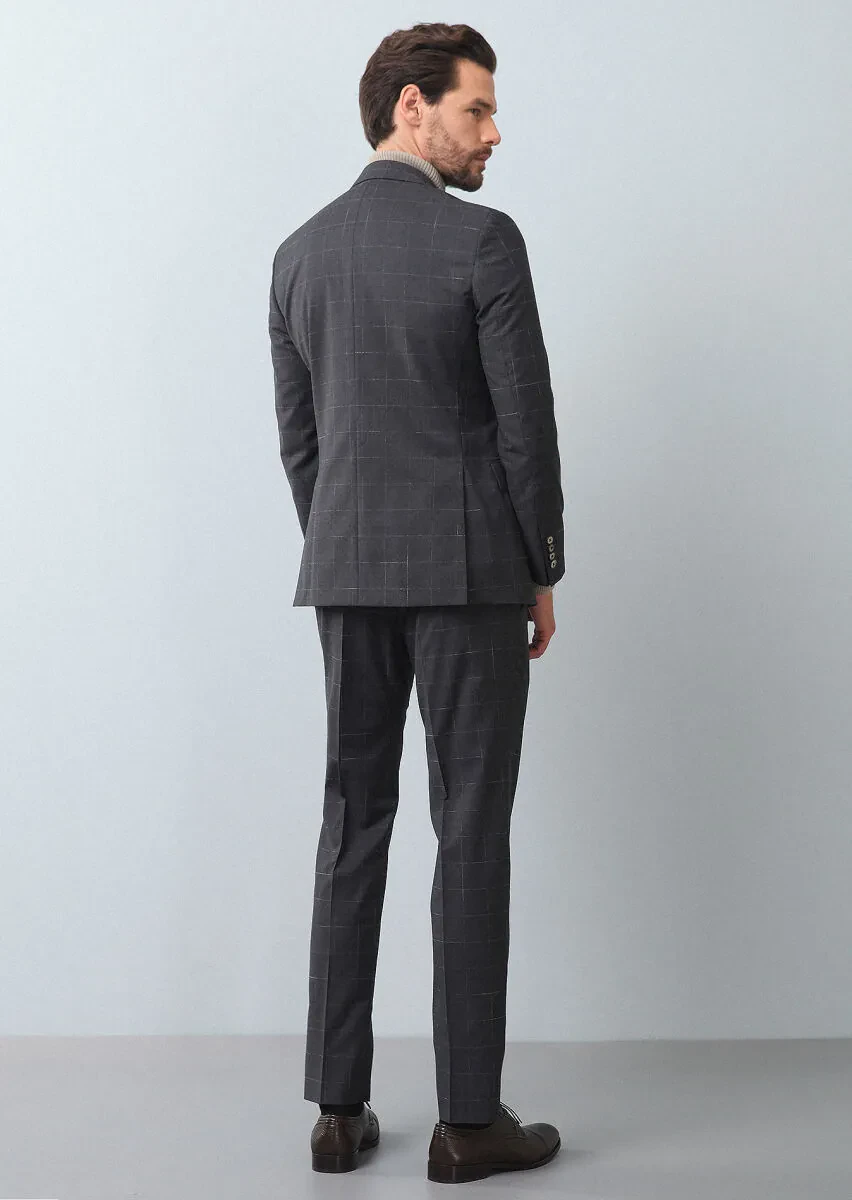 Dark Grey Checkered Modern Fit 100% Wool Suit - 5