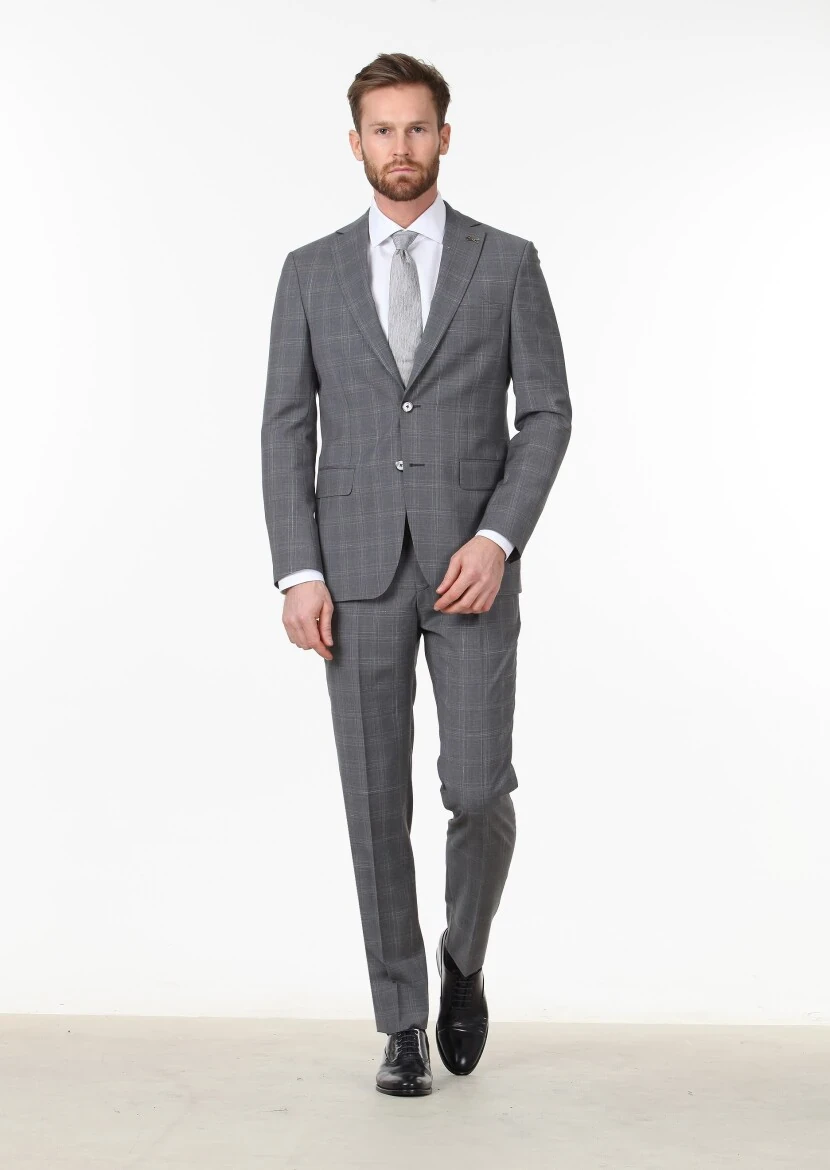 Dark Grey Checkered Regular Fit 100% Wool Suit - 1