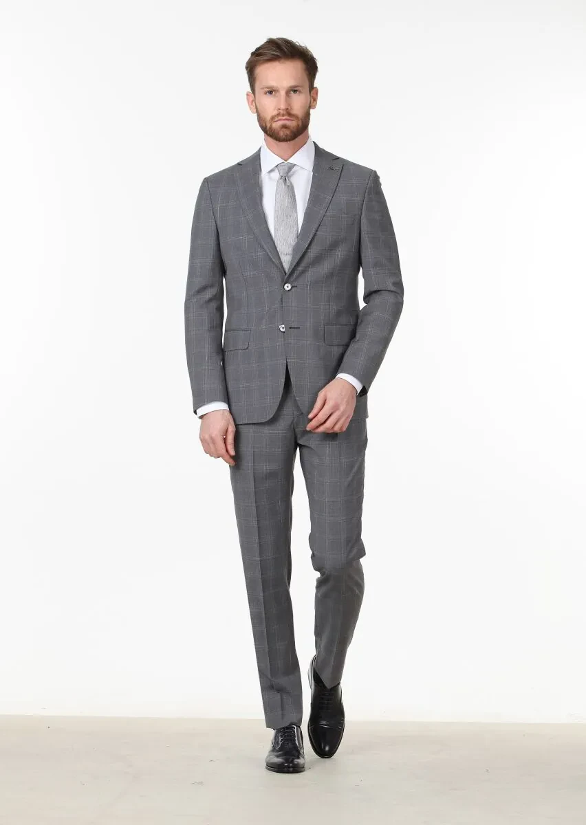 Dark Grey Checkered Regular Fit 100% Wool Suit - 1