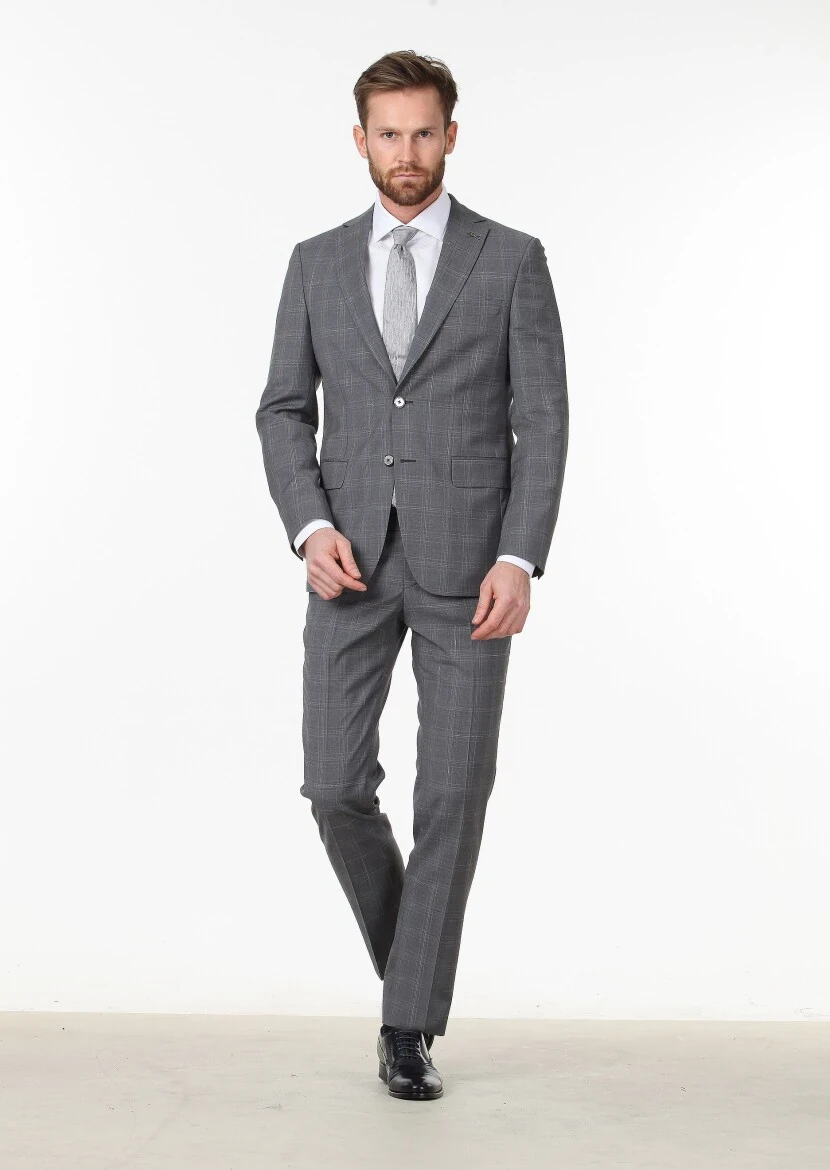 Dark Grey Checkered Regular Fit 100% Wool Suit - 2