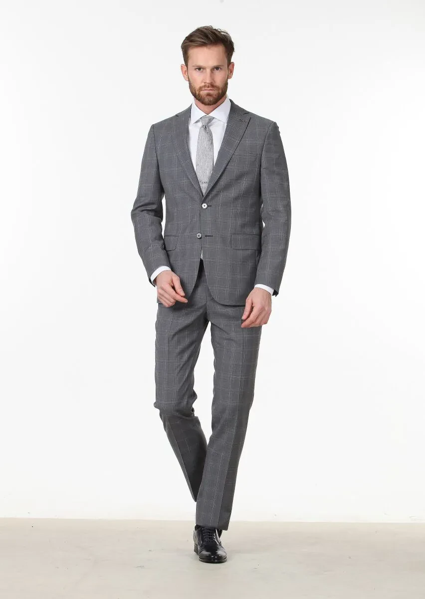 Dark Grey Checkered Regular Fit 100% Wool Suit - 2