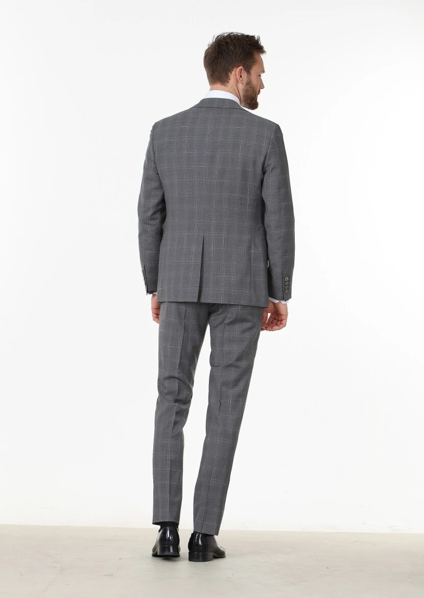 Dark Grey Checkered Regular Fit 100% Wool Suit - 4