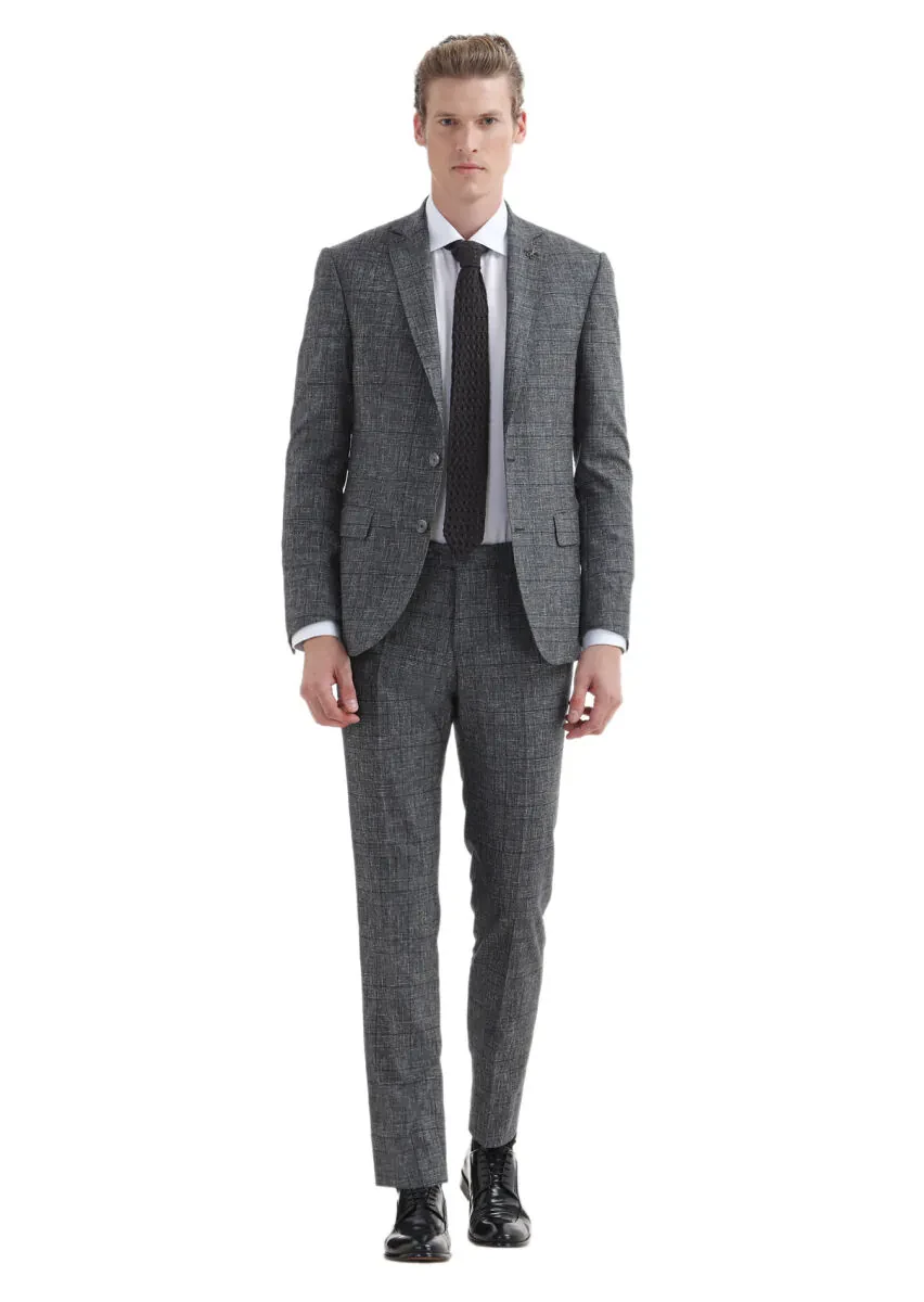 Dark Grey Checkered Zeroweight Slim Fit 100% Wool Suit - 1