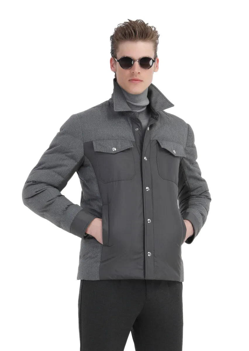 Dark Grey Comfort Fit Shirt Collar Casual Weaving Coat - 4