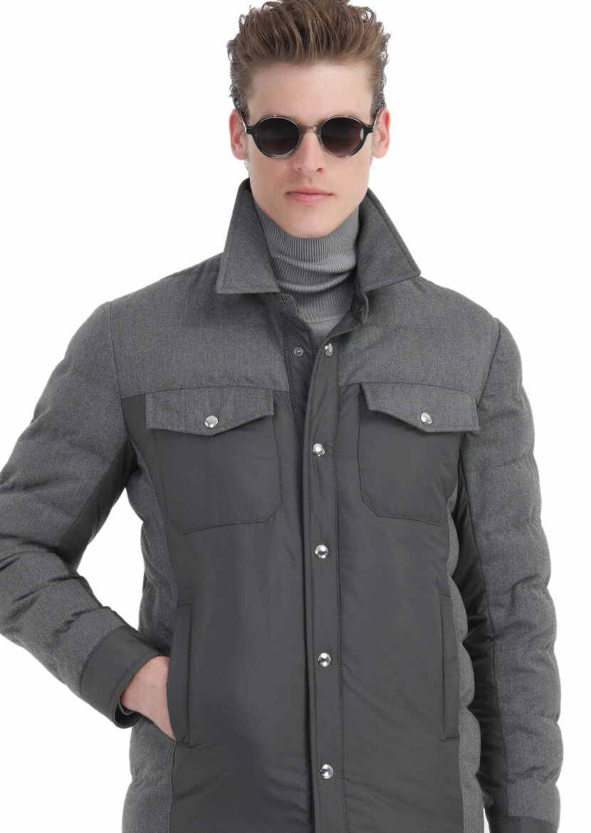 Dark Grey Comfort Fit Shirt Collar Casual Weaving Coat - 5