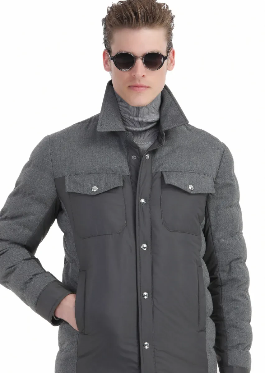 Dark Grey Comfort Fit Shirt Collar Casual Weaving Coat - 5