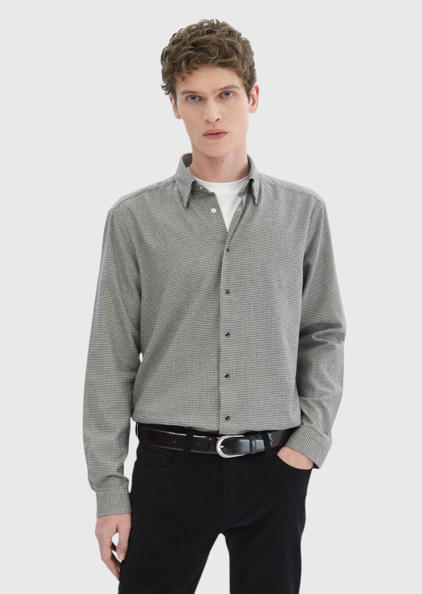 Dark Grey Patterned Casual Fit Weaving Casual 100% Cotton Shirt - RAMSEY