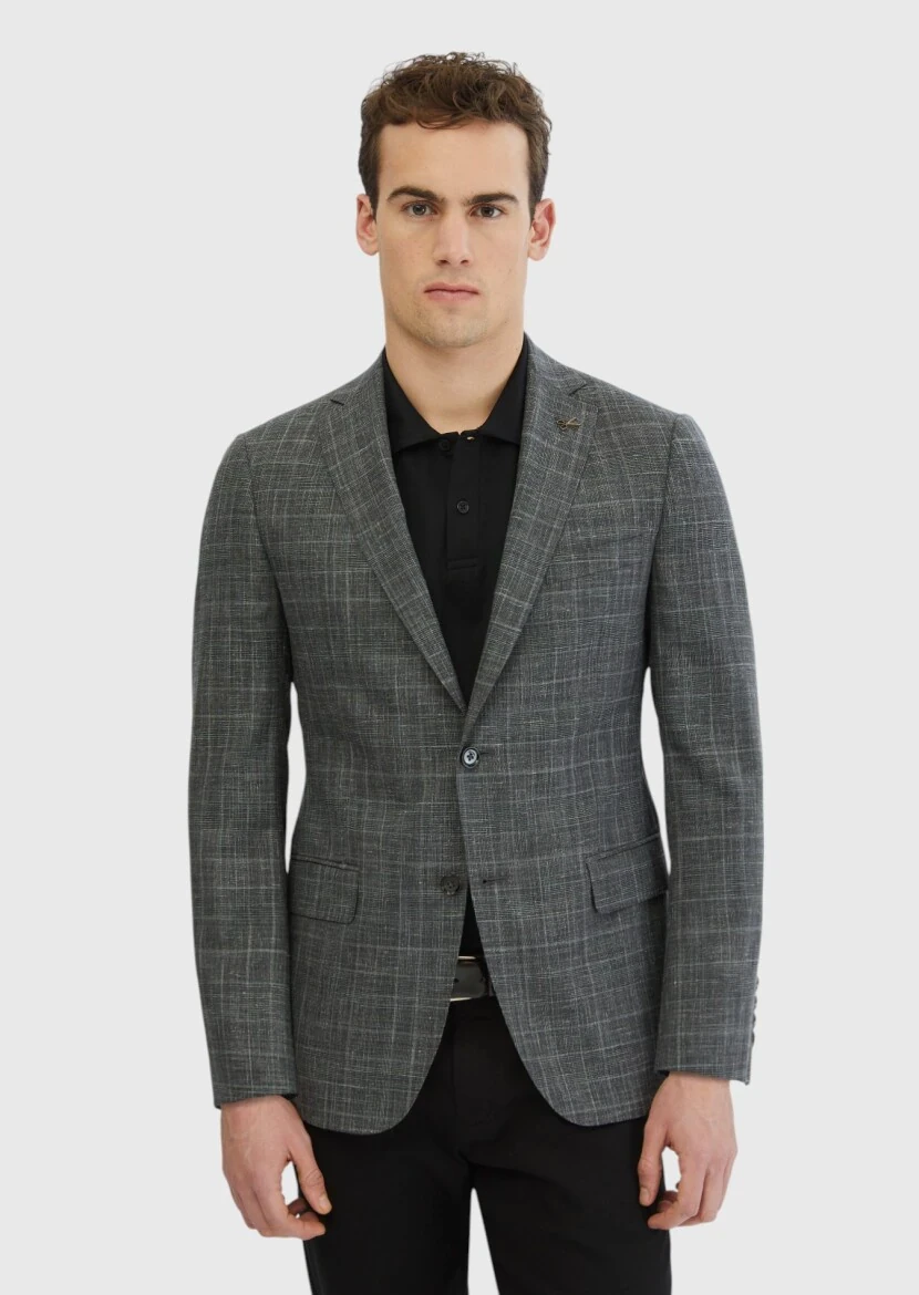 Dark Grey Patterned Regular Fit Silk Blended Jacket - 1