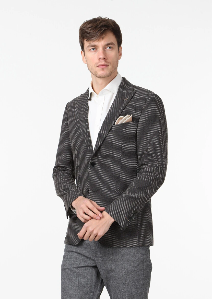 Dark Grey Patterned Zeroweight Slim Fit Wool Blended Jacket - 1