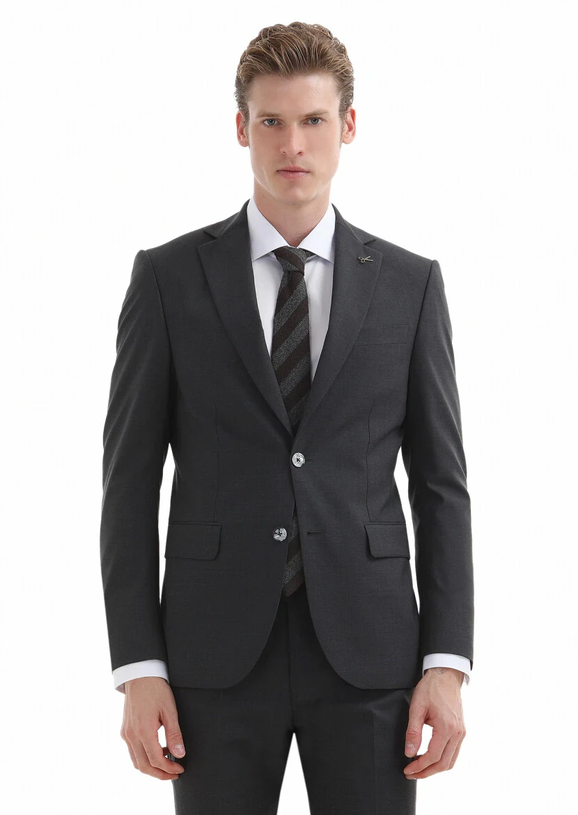 Dark Grey Plain Modern Fit 100% Wool Suit - 2