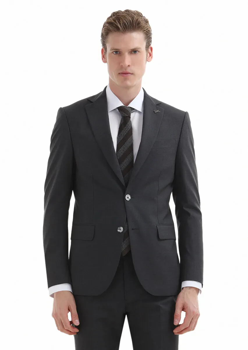Dark Grey Plain Modern Fit 100% Wool Suit - 2