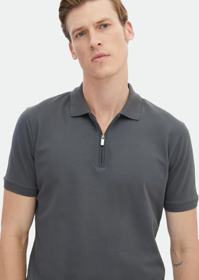 Dark Grey Plain Polo Neck 100% Cotton T-Shirt - 3