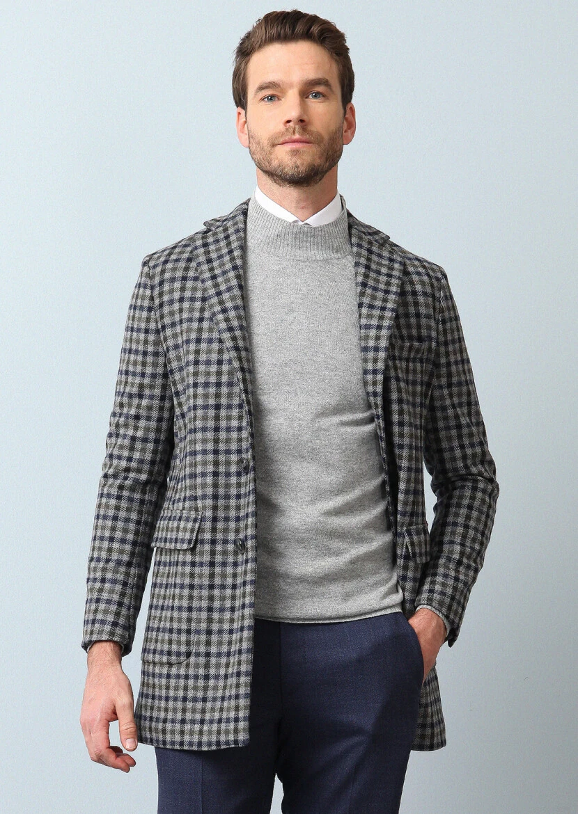 Dark Grey Regular Fit Butterfly Collar Casual Weaving Overcoat - 2