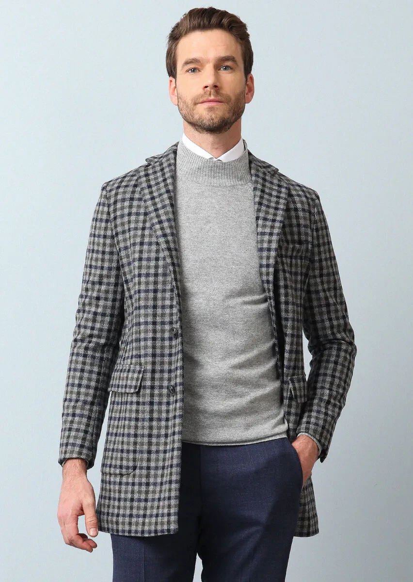 Dark Grey Regular Fit Butterfly Collar Casual Weaving Overcoat - 2