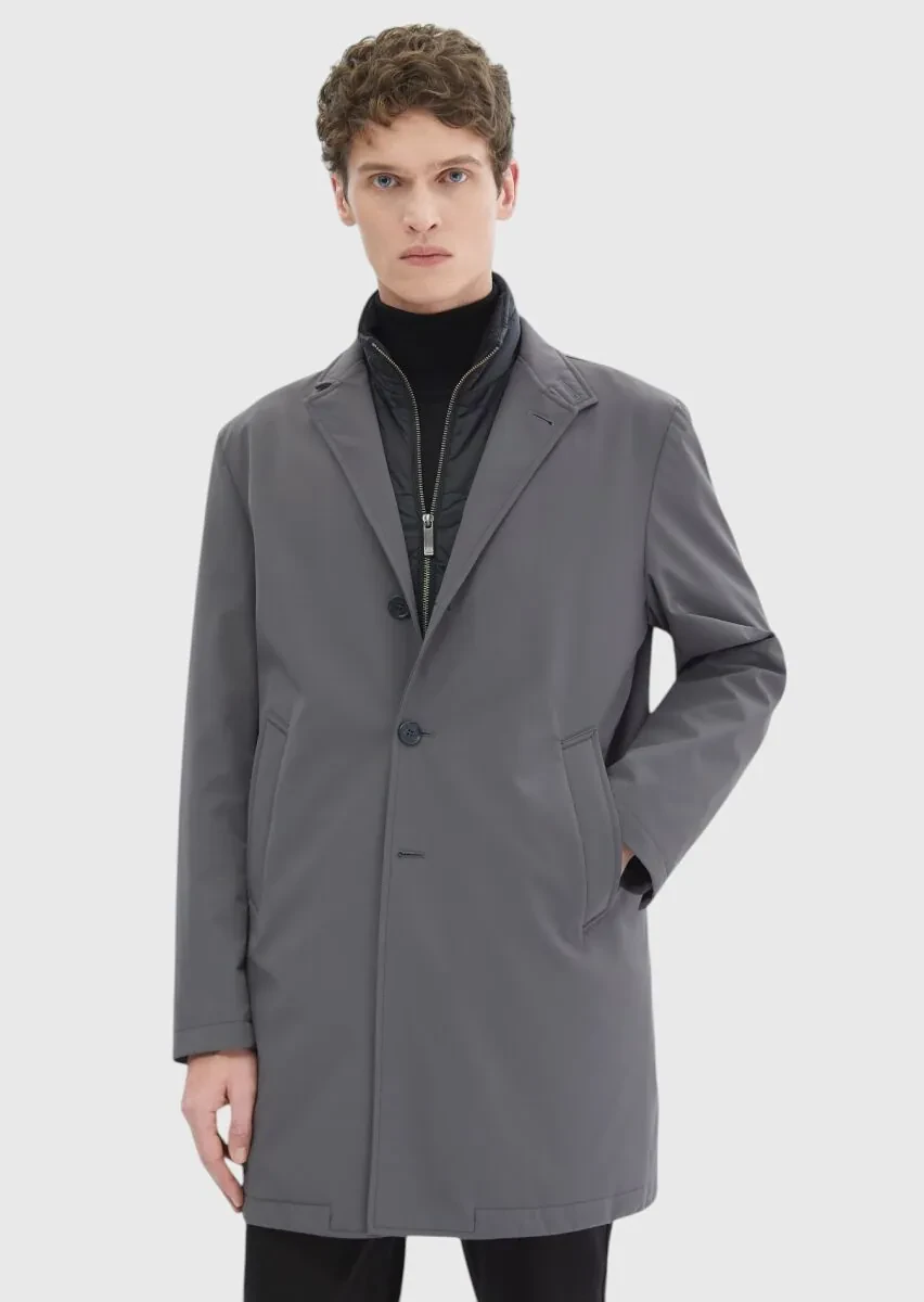 Dark Grey Regular Fit Double Breasted Collar Casual Weaving Rain Coat - 1