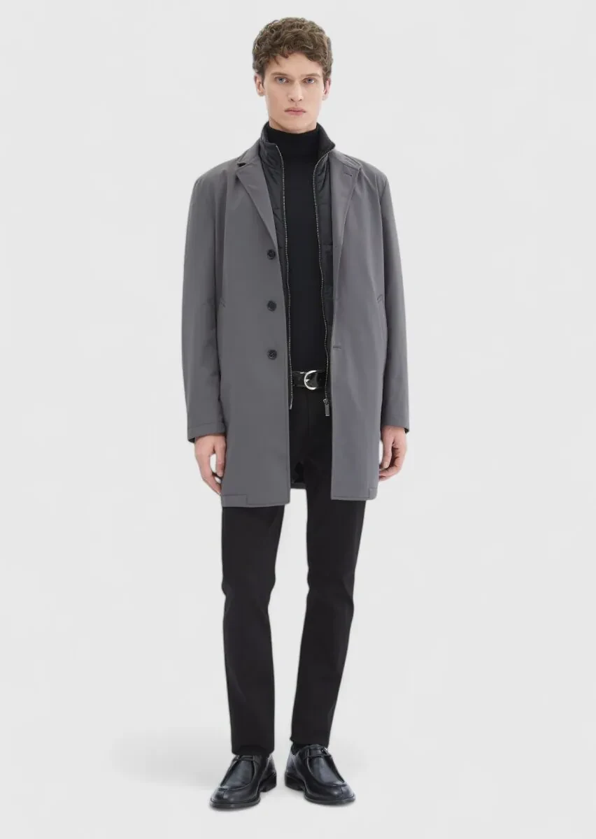 Dark Grey Regular Fit Double Breasted Collar Casual Weaving Rain Coat - 2