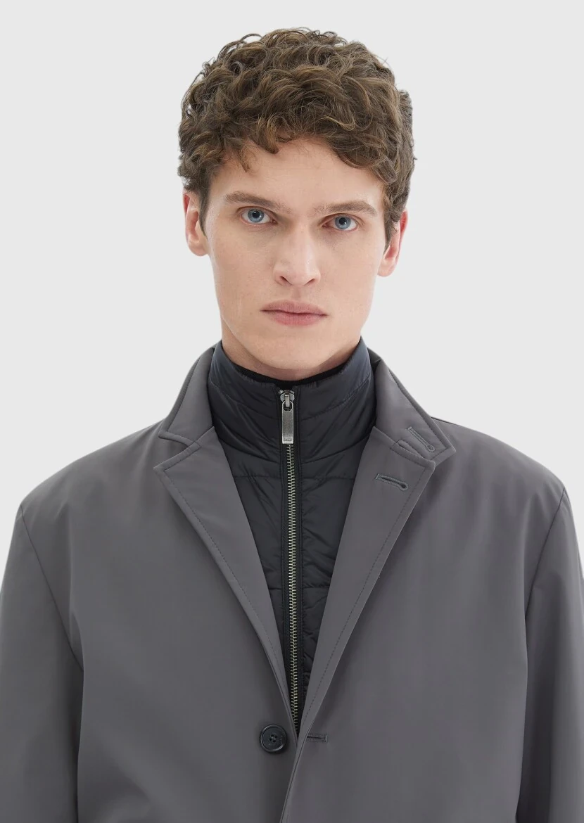 Dark Grey Regular Fit Double Breasted Collar Casual Weaving Rain Coat - 3